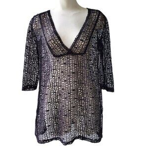 J Valdi Beachy Coverup 3/4 Sleeve Black Mesh V Neck Swim Pool Tunic Size XS